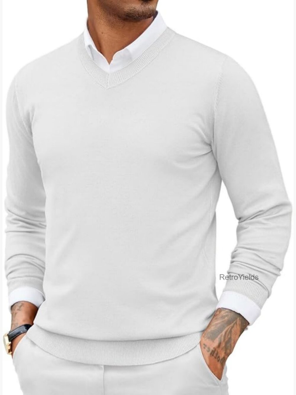 Men Casual V Neck Sweater Ribbed Knit Slim Fit Long Sleeve Pullover Top